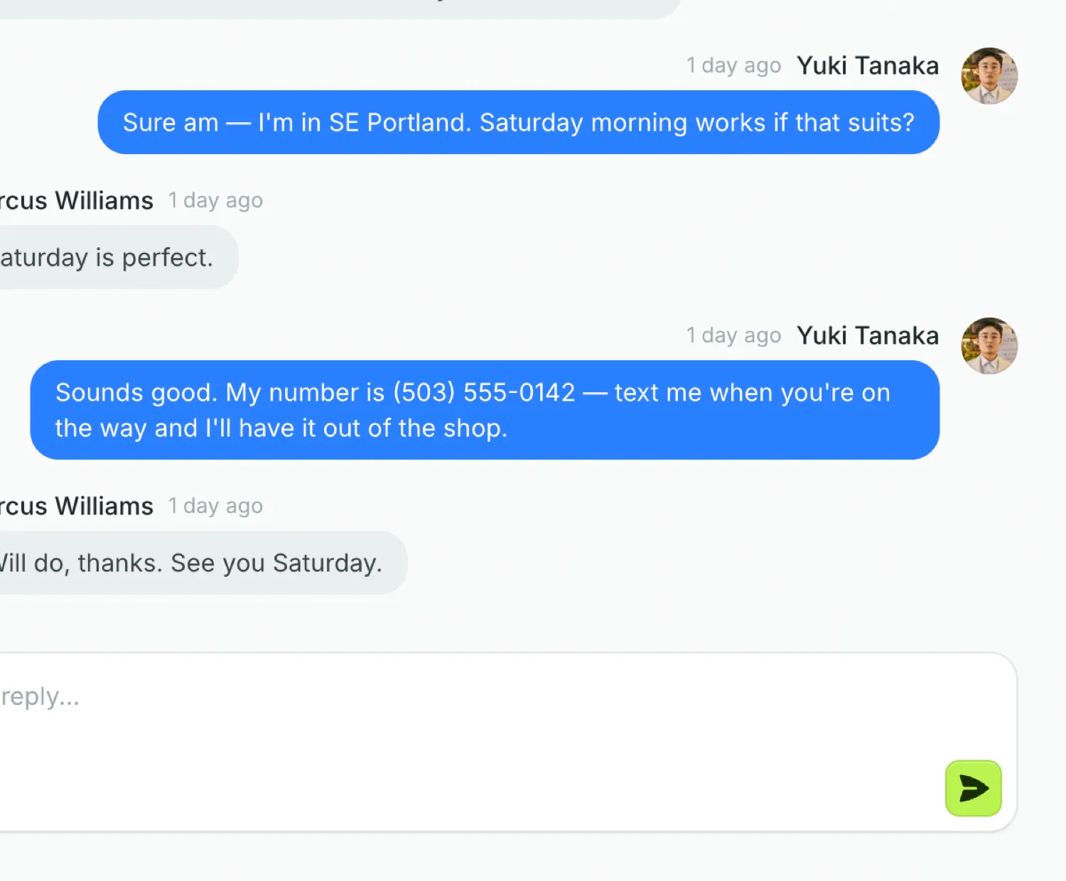 A private buyer–seller message thread arranging a viewing, where the seller shares their phone number inside the conversation rather than posting it publicly.