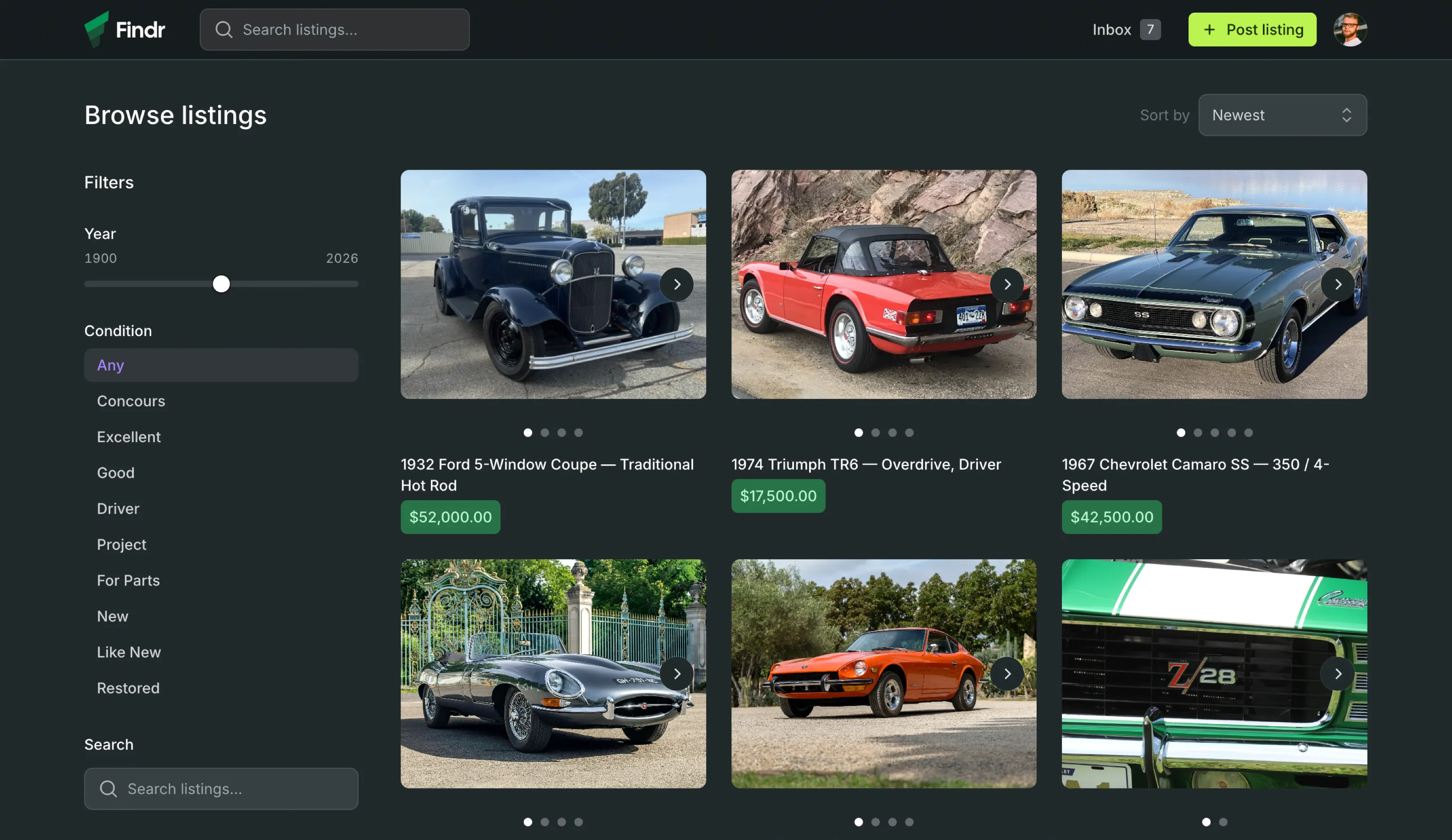 The storefront browse-listings page for a classic-car marketplace: a search bar and Post-listing button, a Year and Condition filter sidebar, and a grid of car listings with photos and prices.