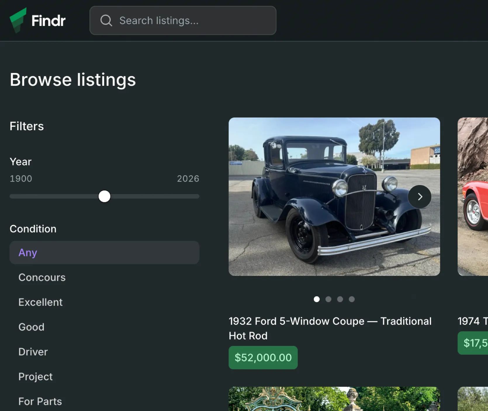 The storefront browse-listings page for a classic-car marketplace: a search bar and Post-listing button, a Year and Condition filter sidebar, and a grid of car listings with photos and prices.