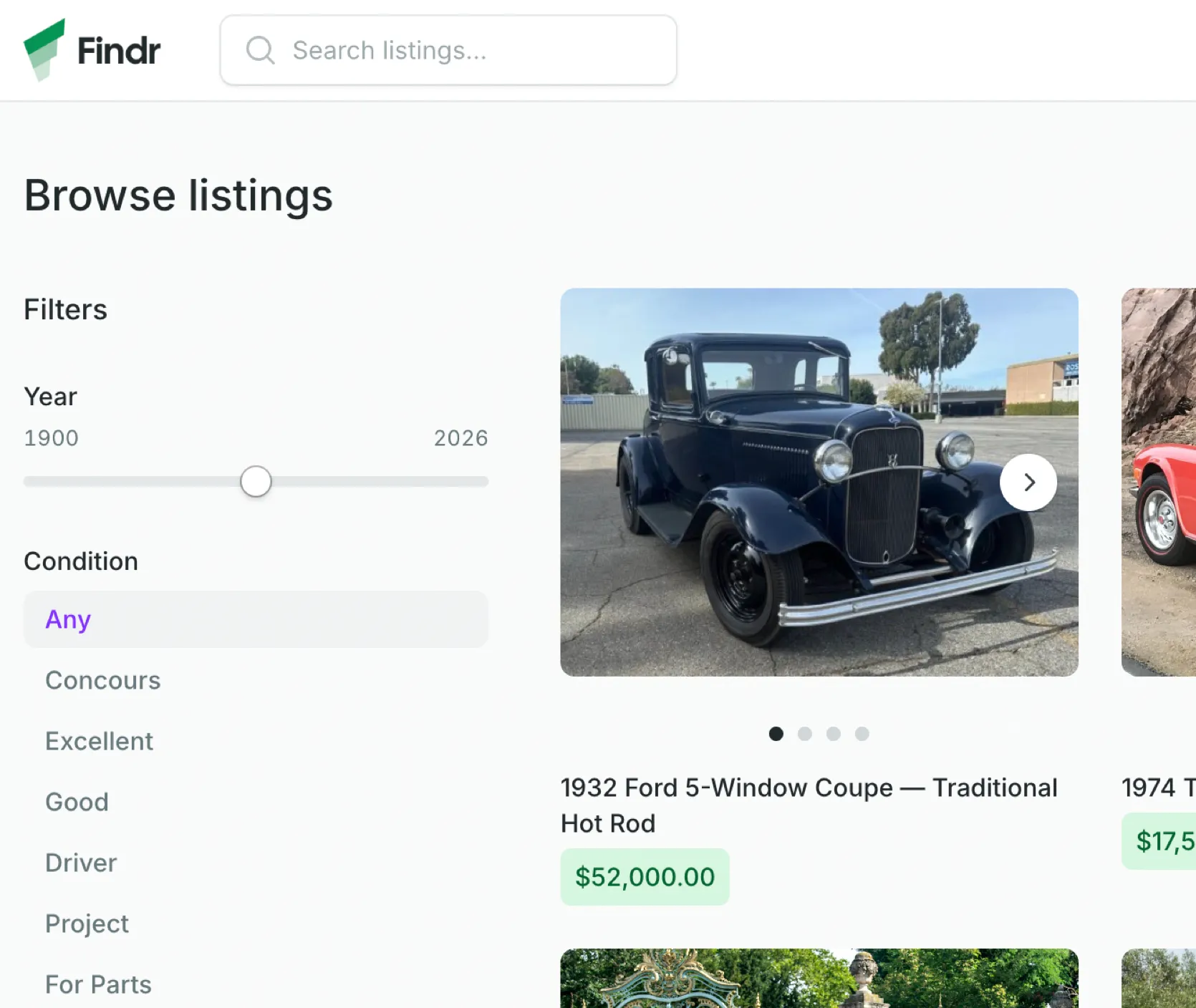 The storefront browse-listings page for a classic-car marketplace: a search bar and Post-listing button, a Year and Condition filter sidebar, and a grid of car listings with photos and prices.
