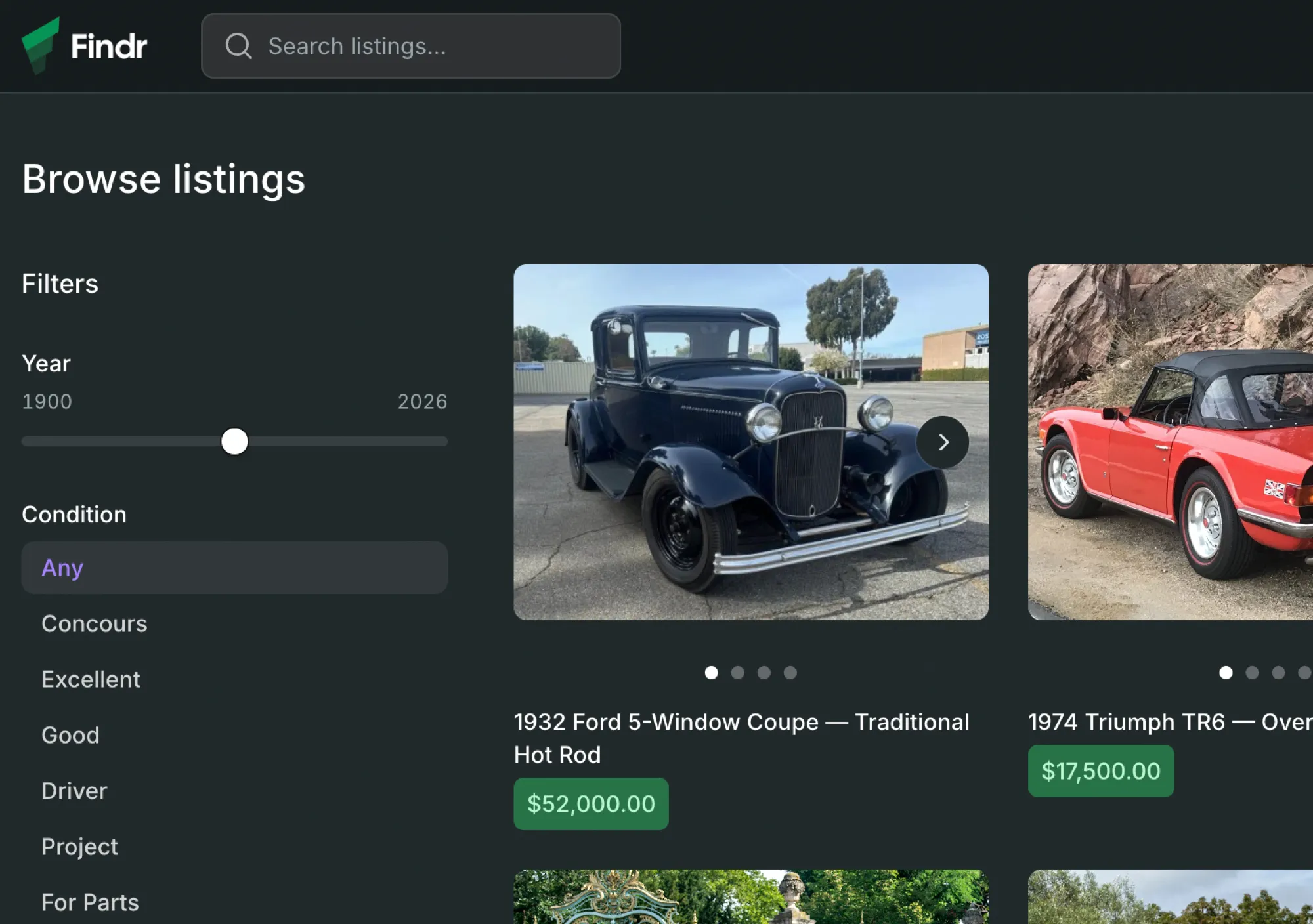 The storefront browse-listings page for a classic-car marketplace: a search bar and Post-listing button, a Year and Condition filter sidebar, and a grid of car listings with photos and prices.
