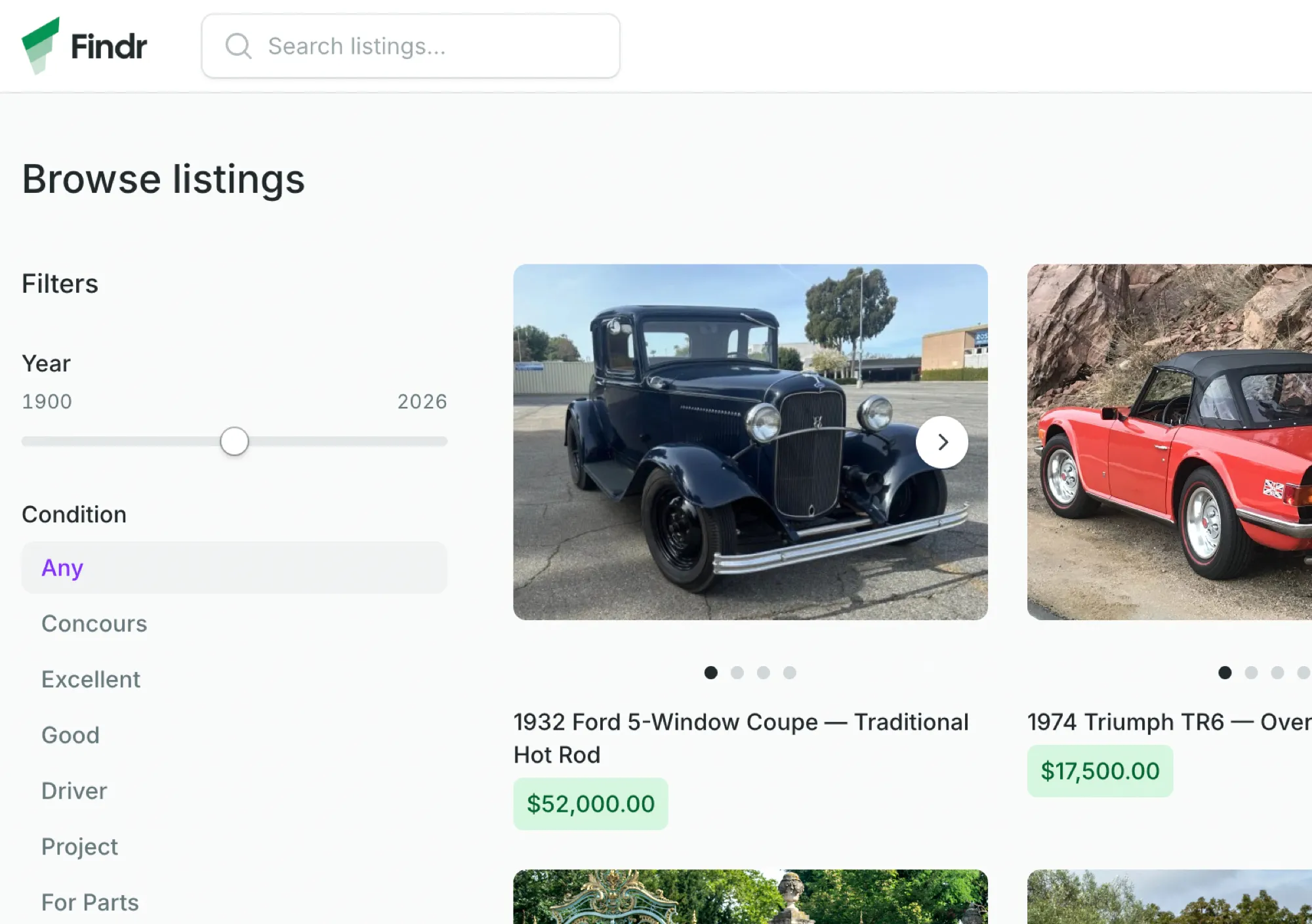 The storefront browse-listings page for a classic-car marketplace: a search bar and Post-listing button, a Year and Condition filter sidebar, and a grid of car listings with photos and prices.