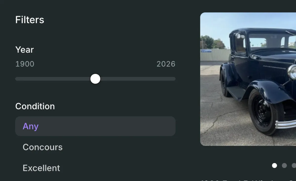 The storefront browse view: a Year and Condition filter panel alongside a classic-car listing preview.