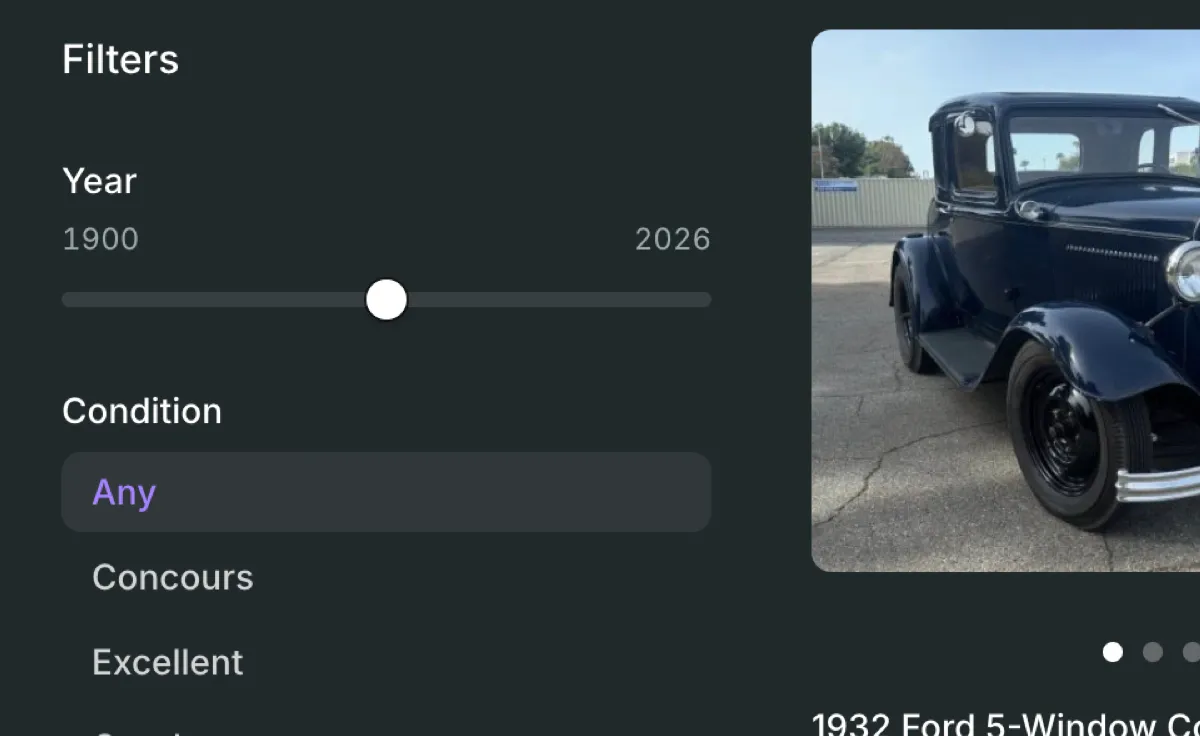 The storefront browse view: a Year and Condition filter panel alongside a classic-car listing preview.