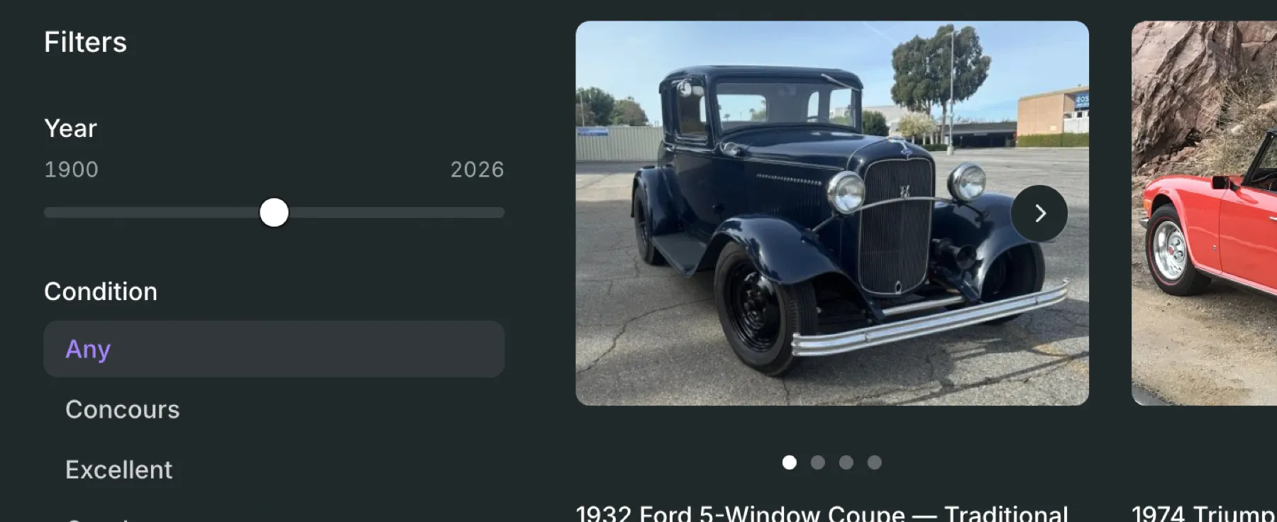 The storefront browse view: a Year and Condition filter panel alongside a classic-car listing preview.