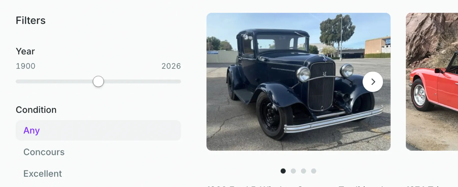 The storefront browse view: a Year and Condition filter panel alongside a classic-car listing preview.