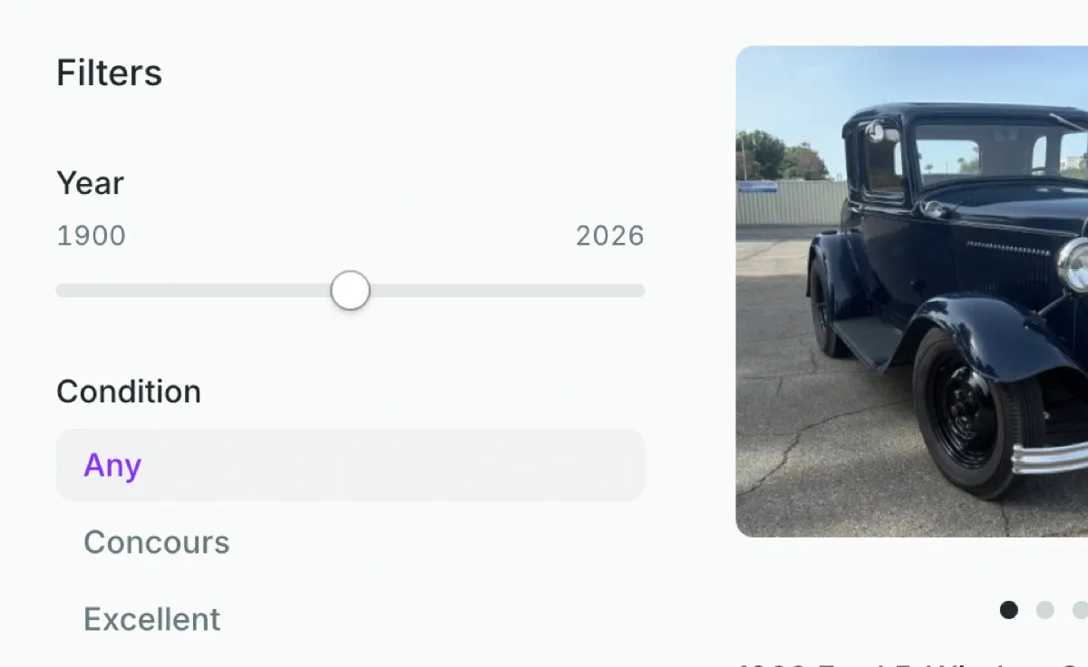 The storefront browse view: a Year and Condition filter panel alongside a classic-car listing preview.