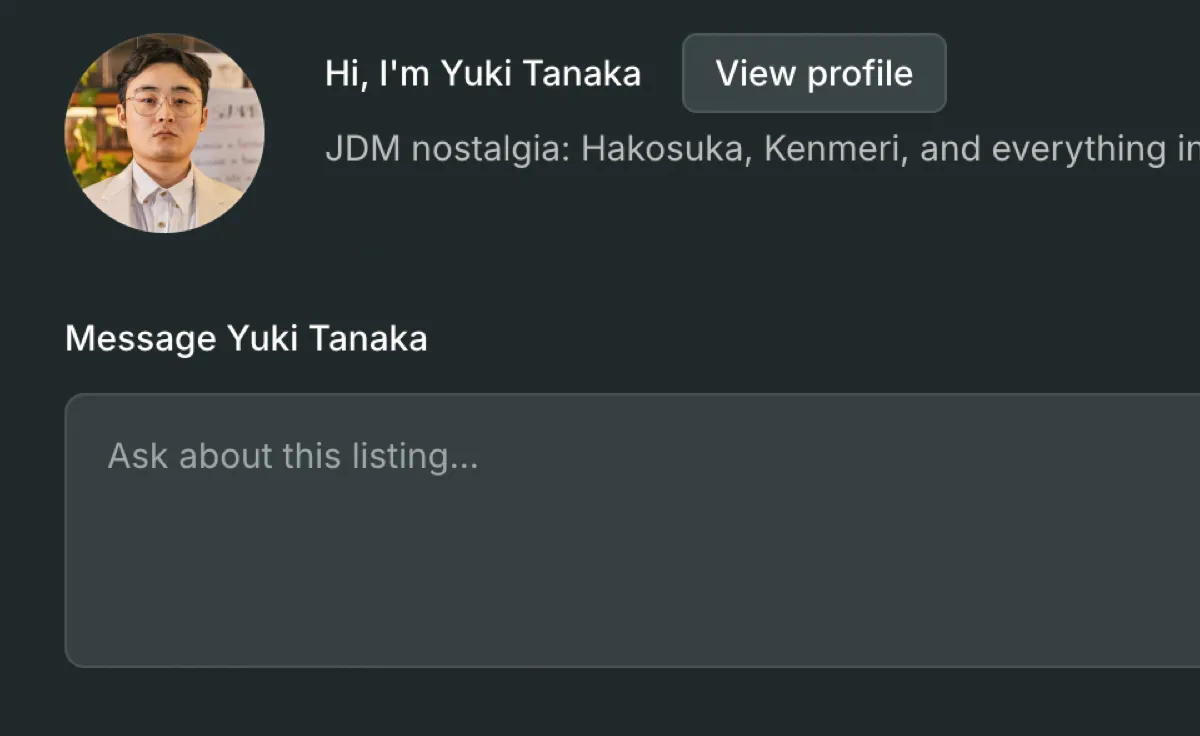 A vehicle listing detail page: specs for condition, transmission, engine, colour and mileage, an About-the-seller card, and a Message-seller box — there is no checkout, cart, or payment UI.