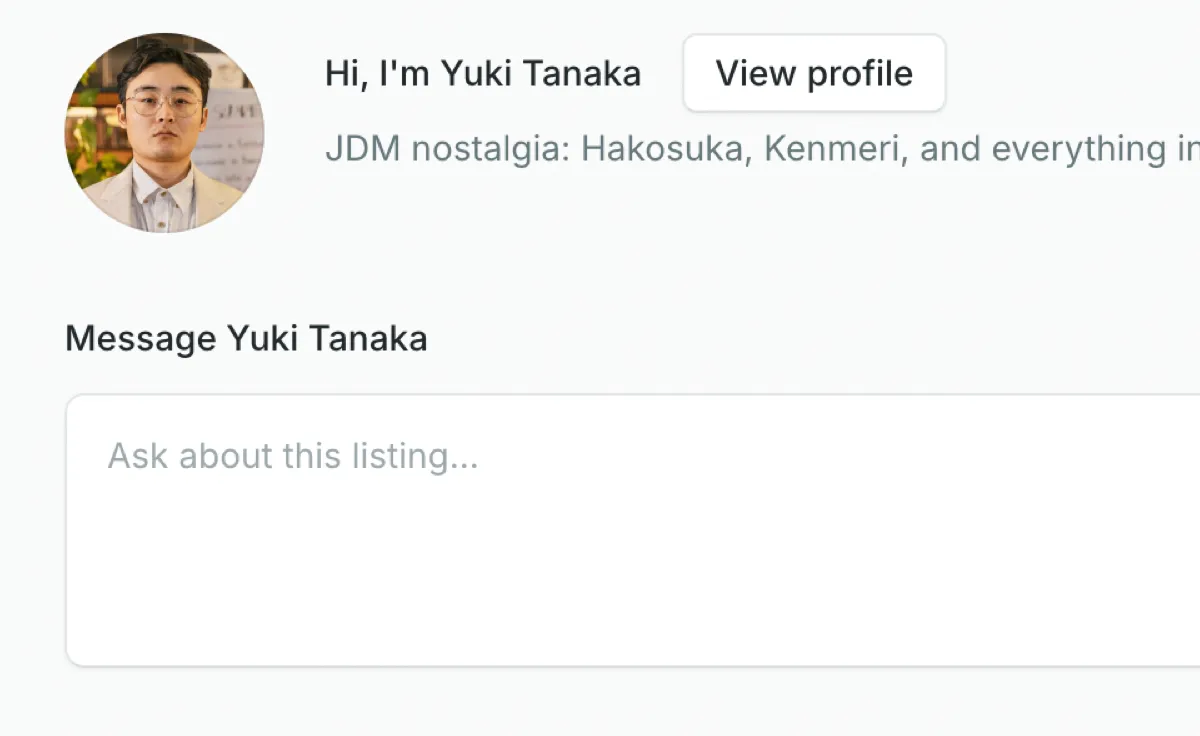A vehicle listing detail page: specs for condition, transmission, engine, colour and mileage, an About-the-seller card, and a Message-seller box — there is no checkout, cart, or payment UI.