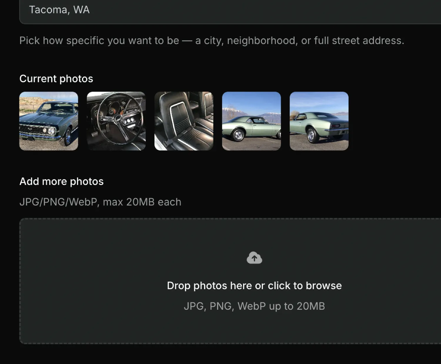 Part of the create-a-listing form: a location field, a row of uploaded car photos, and a drag-and-drop area to add more photos.