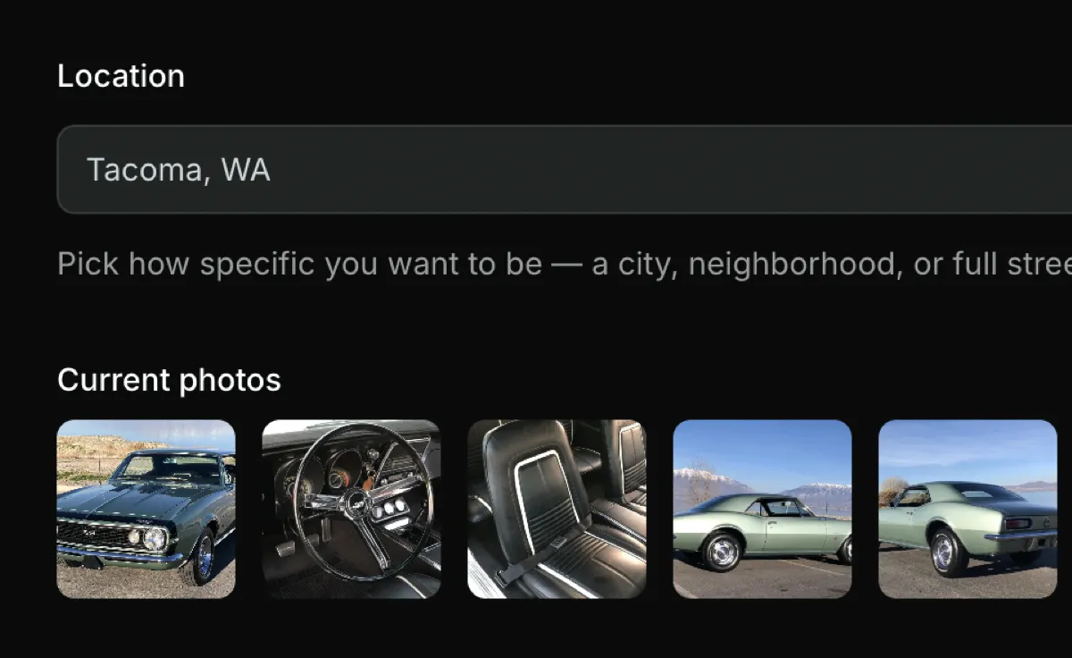 Part of the create-a-listing form: a location field, a row of uploaded car photos, and a drag-and-drop area to add more photos.