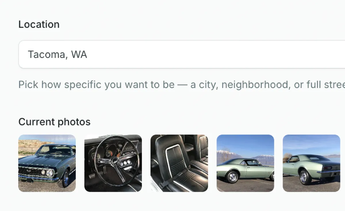 Part of the create-a-listing form: a location field, a row of uploaded car photos, and a drag-and-drop area to add more photos.