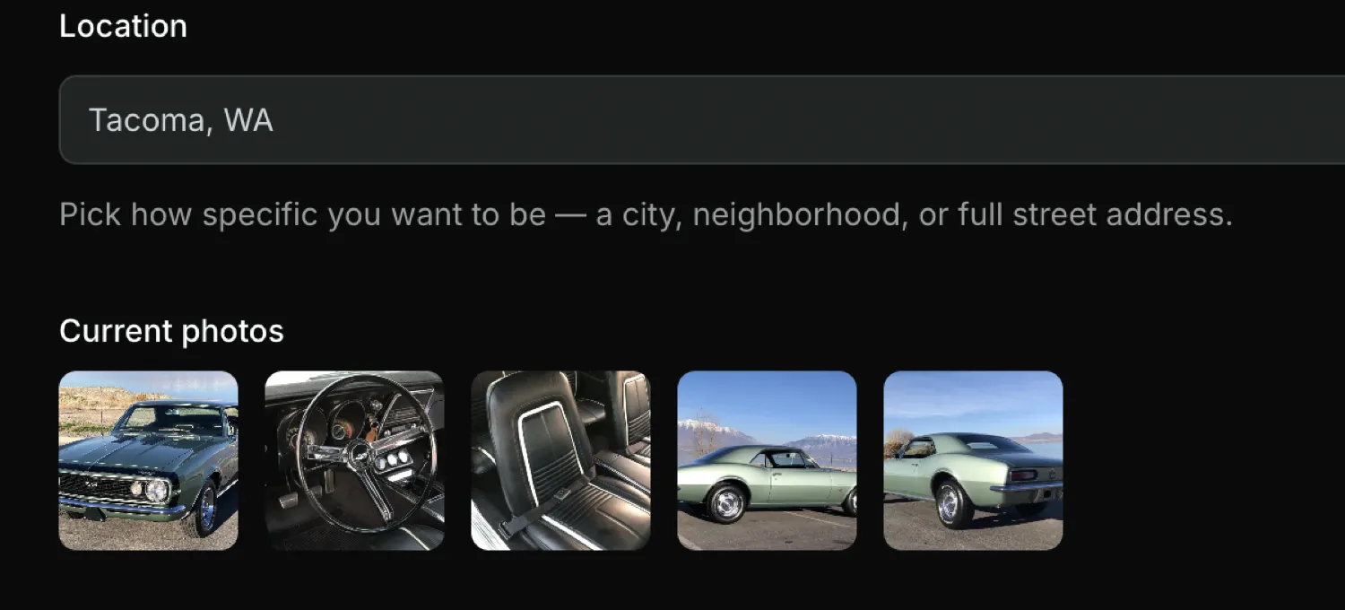 Part of the create-a-listing form: a location field, a row of uploaded car photos, and a drag-and-drop area to add more photos.