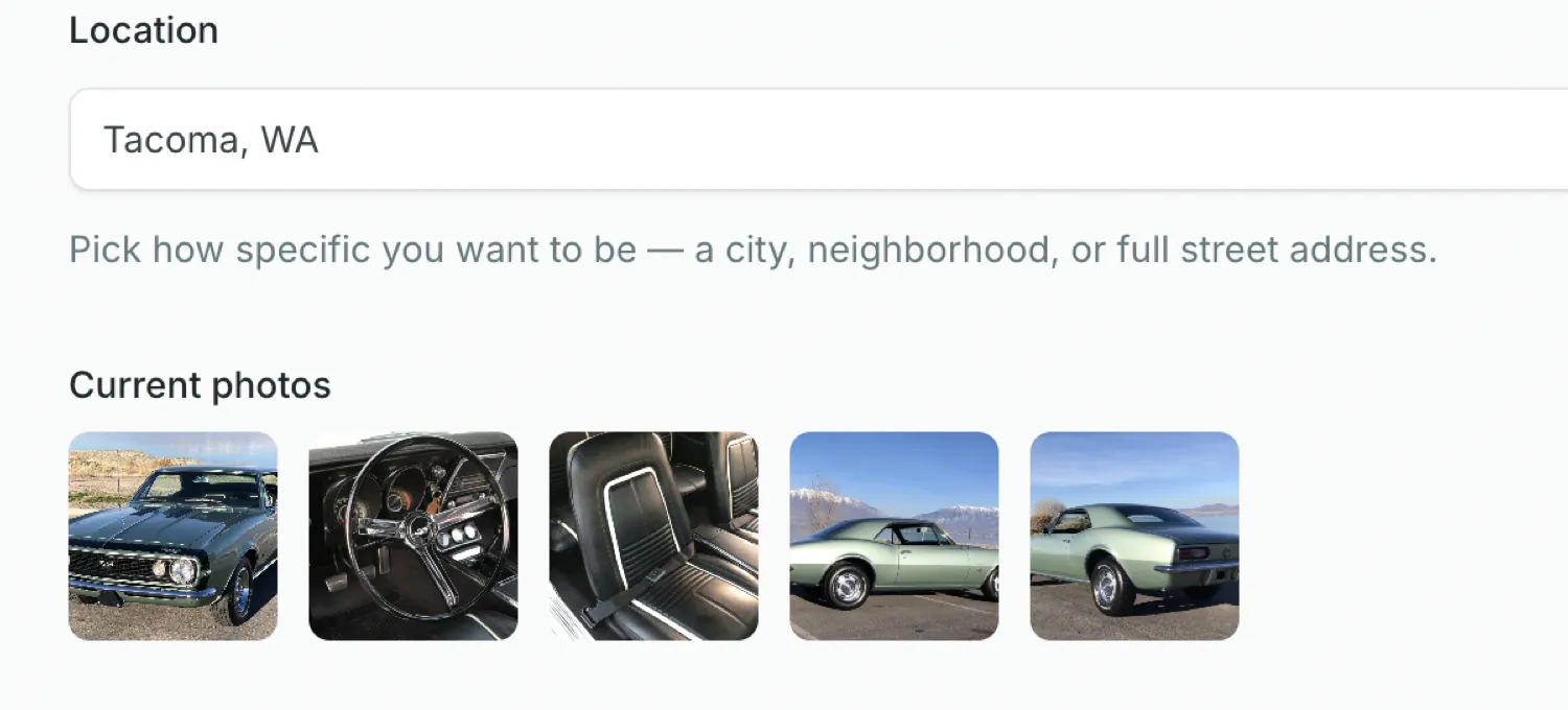 Part of the create-a-listing form: a location field, a row of uploaded car photos, and a drag-and-drop area to add more photos.