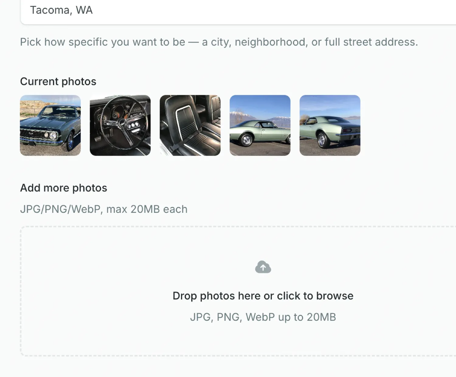 Part of the create-a-listing form: a location field, a row of uploaded car photos, and a drag-and-drop area to add more photos.