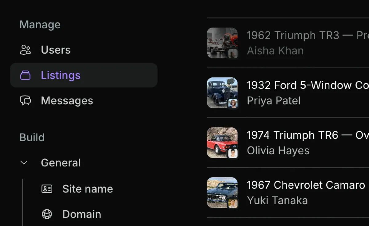 The admin dashboard Listings section: a management and settings sidebar, and a list of submitted listings with thumbnails and seller names.