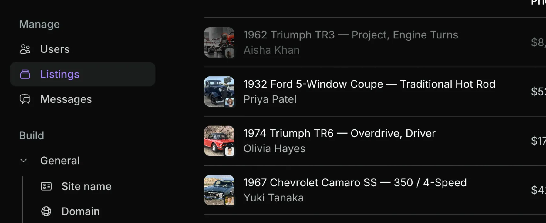 The admin dashboard Listings section: a management and settings sidebar, and a list of submitted listings with thumbnails and seller names.