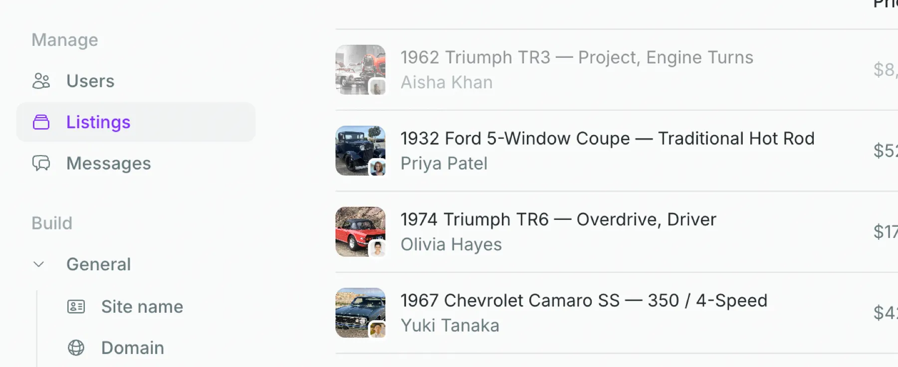 The admin dashboard Listings section: a management and settings sidebar, and a list of submitted listings with thumbnails and seller names.