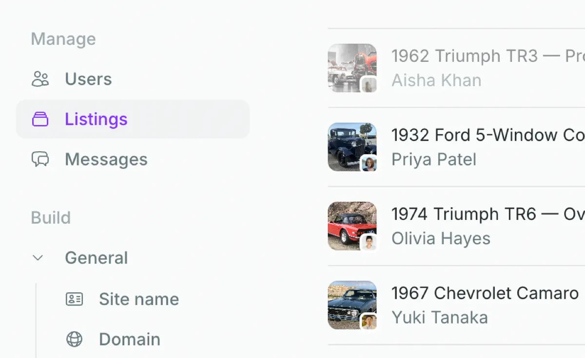 The admin dashboard Listings section: a management and settings sidebar, and a list of submitted listings with thumbnails and seller names.